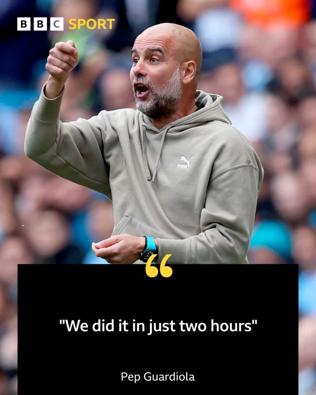 A graphic with a quote from Pep Guardiola talking about contract negotiations with Manchester City
"We did it in just two hours"