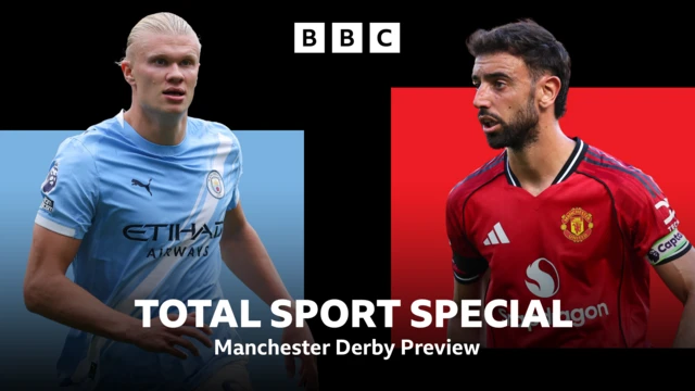 Erling Haaland and Bruno Fernandes in graphic with Total Sport Special Manchester Derby Preview text