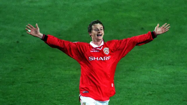 Ole Gunnar Solskjaer celebrates beating Bayern Munich in Champions League final in 1999