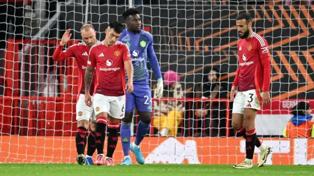 Christian Eriksen, Lisandro Martinez, Andre Onana and Noussair Mazraoui after Manchester United concede a goal