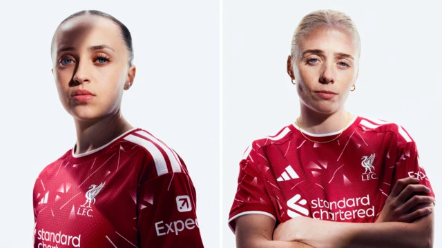 Mia Enderby and Grace Fisk model the new Liverpool kit.