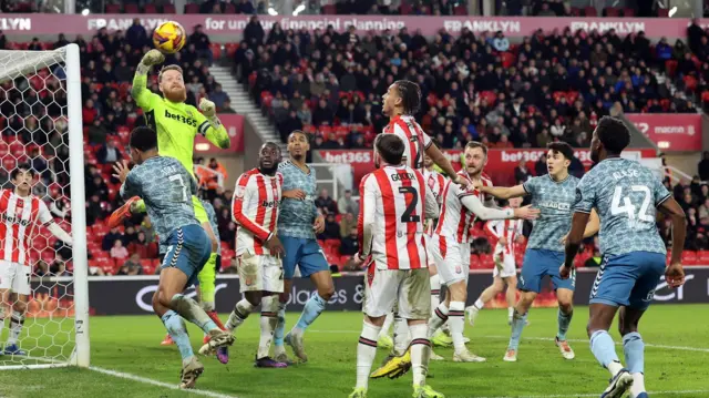 Stoke City keeper Viktor Johansson making a save during their Championship game against Sunderland in December