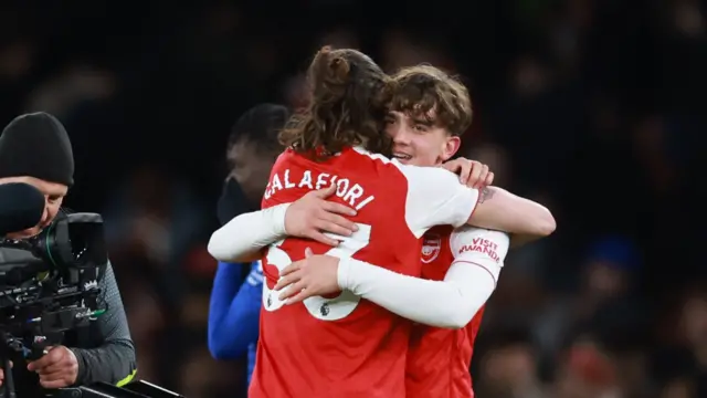 Riccardo Calafiori hugs Max Dowman after Everton match