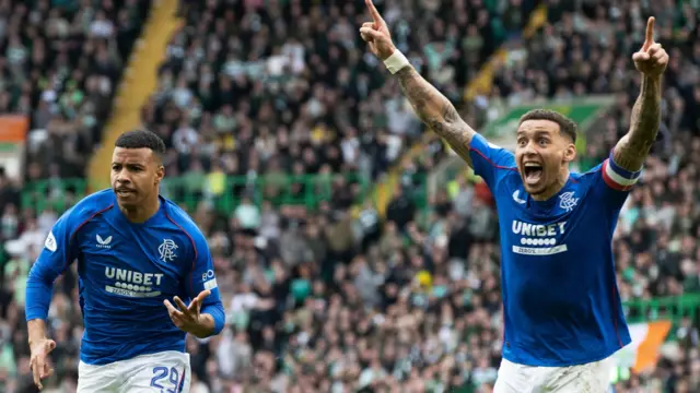 Rangers Hamza Igamane celebrates after scoring to make it 3-2 during a William Hill Premiership match between Celtic and Rangers at Celtic Park