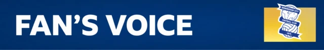 A blue banner with 'fan's voice' written in white letters and the Birmingham City club badge on top of a yellow square on the right of the banner