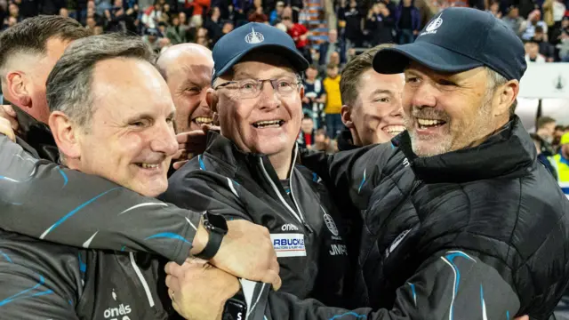 Falkirk Manager John McGlynn celebrates with his staff at full time during a William Hill Championship match between Falkirk and Hamilton Academical at the Falkirk Stadium