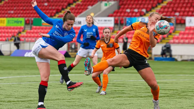 Rangers' Rio Hardy has a shot during a Scottish Women's Premier League match between Rangers and Glasgow City at Broadwood Stadium