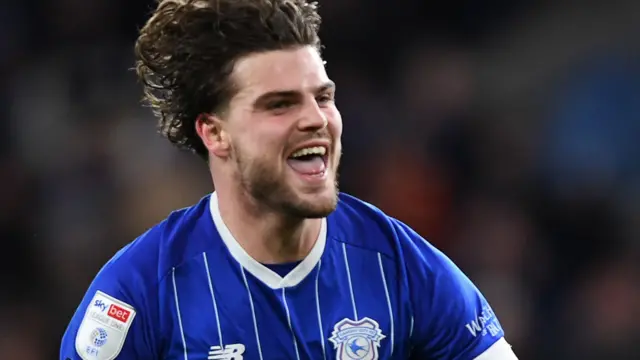 Ollie Tanner celebrates scoring for Cardiff