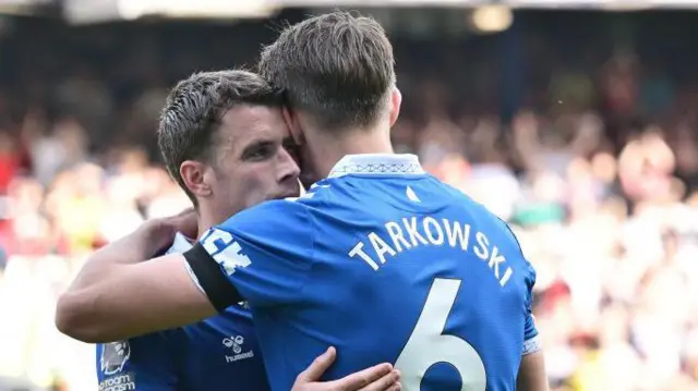 James Tarkowski and Seamus Coleman embrace