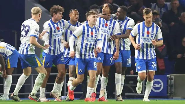 Joao Pedro of Brighton & Hove Albion celebrates scoring a goal