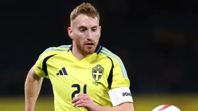 Dejan Kulusevski of Sweden in action during the Uefa Nations League 2024-25 League C Group C1 match between Sweden and Azerbaijan at Strawberry Arena 