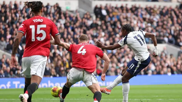 Mathys Tel of Tottenham Hotspur scores