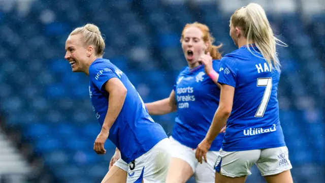 Rachel McLauchlan celebrates with teammates  after scoring to make it 1-0 Rangers during a Scottish Gas Women's Scottish Cup match between Rangers and Heart of Midlothian