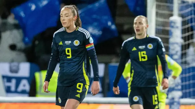 Scotland's Caroline Weir and Jenna Clark after Finland score to make it 2-0 during a UEFA Women's Euro 2025 Playoff second leg match between Finland and Scotland at the Bolt Arena