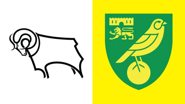 The club badges of Derby County and Norwich City