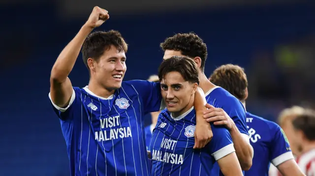 Brothers Joel and Rubin Colwill during Cardiff's League Cup win against Cheltenham.