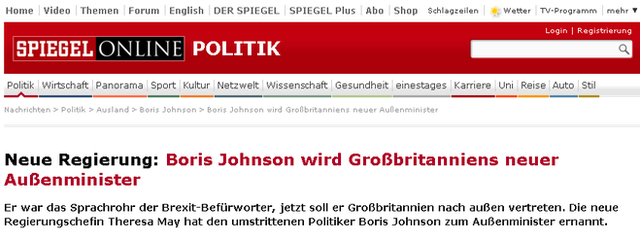 Screenshot of Der Spiegel masthead and headline