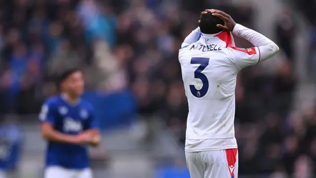 Tyrick Mitchell reacts following the Premier League match between Everton and Crystal Palace