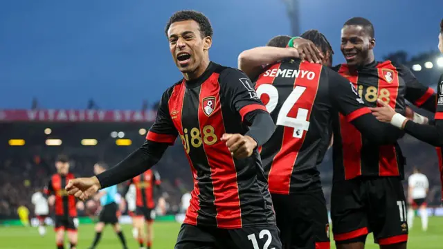 Tyler Adams celebrates after Bournemouth score against Fulham 