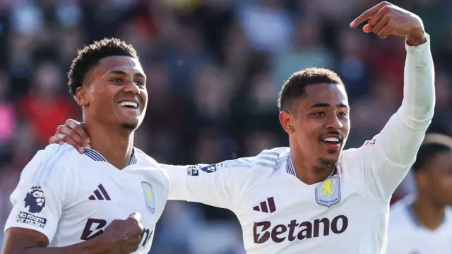 Ollie Wakins and Morgan Rogers celebrate Aston Villa's opening goal