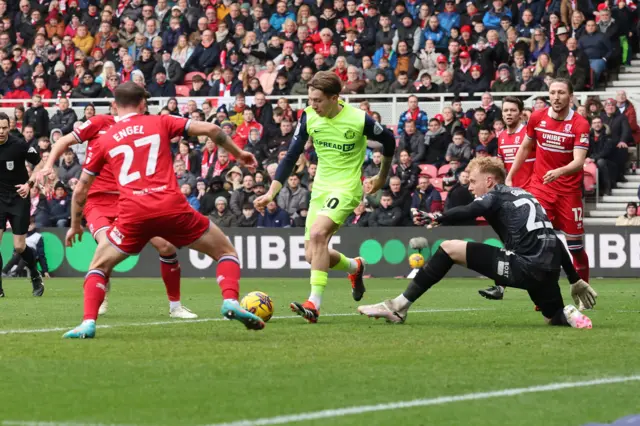 Jack Clarke of Sunderland dribbles across the six yard box during the Championship match between Middlesbrough and Sunderland at Riverside Stadium on February 4, 2024