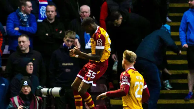 Motherwell’s Tawanda Maswanhise celebrates after scoring to make it 2-0 during a William Hill Premiership match between Motherwell and Rangers at Fir Park