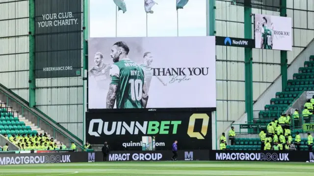 A general view of a "Thank You Byle" message for Martin Boyle displayed on a digital screen in Easter Road before a William Hill Premiership match between Hibernian and Motherwell at Easter Road