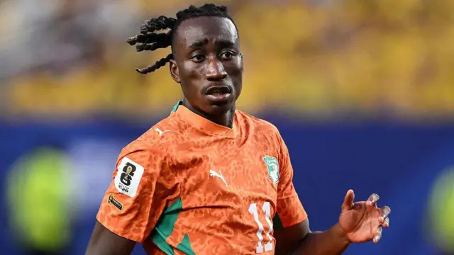 Yan Diomande in action for Ivory Coast against Ecuador at the World Cup