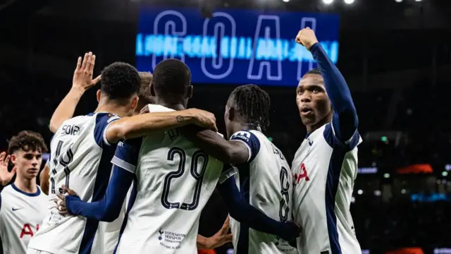 Tottenham players celebrate goal against Qarabag