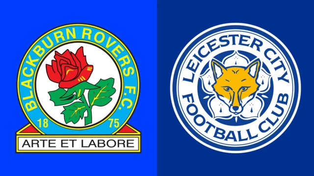 The Blackburn Rovers and Leicester City club badges side by side on blue backgrounds