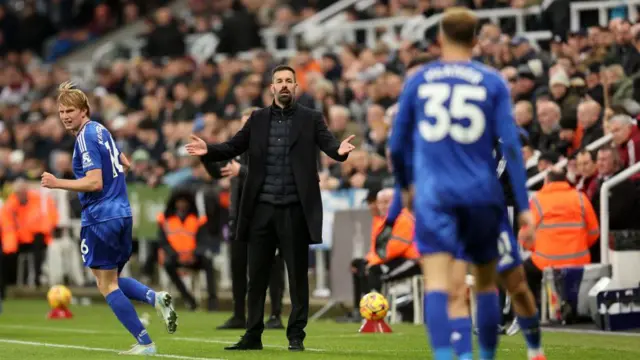 Ruud van Nistelrooy issues instructions to his Leicester players from the touchline