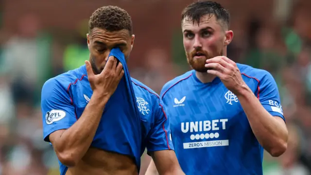 Rangers' Cyriel Dessers (L) and John Souttar during a William Hill Premiership match between Celtic and Rangers at Celtic Park, on September 01, 2024