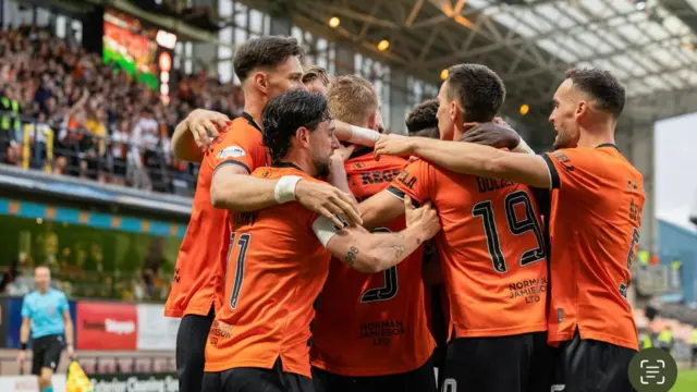 Dundee United celebrate after scoring in the first leg at Tannadice against UNA Strassen