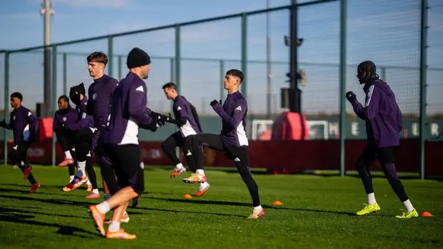 Manchester United forward Shea Lacey with other players during a Manchester United training session
