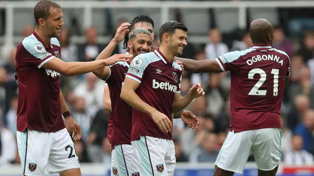 West Ham players celebrate a goal against Newcastle in 2021