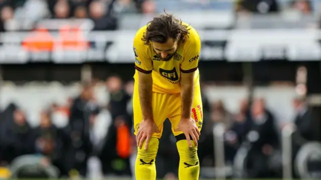 Sheffield United's Ben Brereton Diaz catches his breath during the Premier League match between Newcastle United and Sheffield United at St. James Park