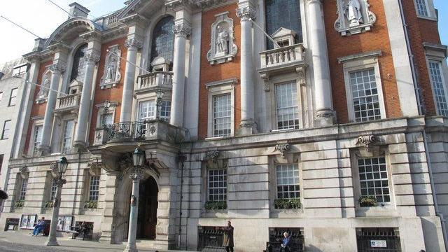 Outside the entrance to Colchester Town Hall in Colchester High Street