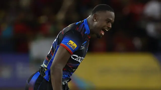 Jayden Seales celebrates a wicket in the CPL
