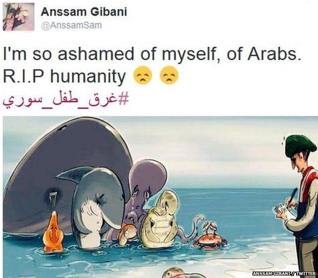 A cartoon of sea animals looking at Aylan Kurdi's body and crying and a comment reading: I'm so ashamed of myself of Arabs R.I.P humaity