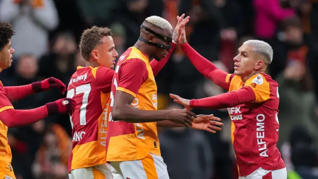 Victor Osimhen and Lucas Torreira join in celebrations of Galatasaray goal