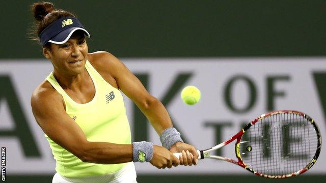 Heather Watson in action against Victoria Azarenka at Indian Wells