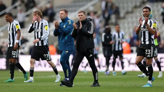 Eddie Howe, Manager of Newcastle United, applauds the fans