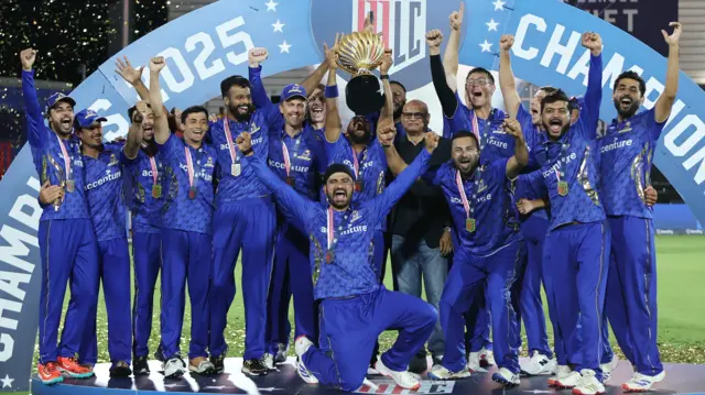MI New York players celebrate winning the Major League Cricket title