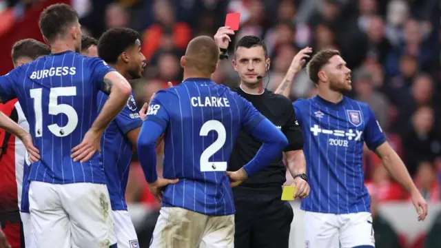 Ipswich's Harry Clarke is sent off against Brentford