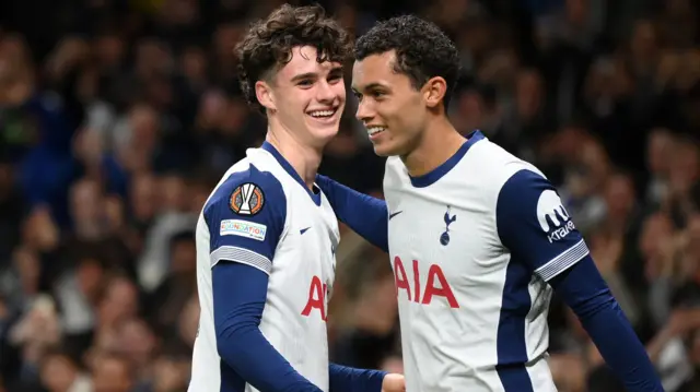 Archie Gray and Brennan Johnson celebrate for Spurs