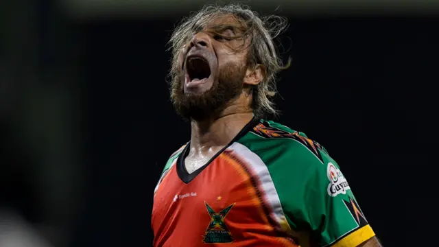 Guyana Amazon Warriors' Imran Tahir celebrates a wicket