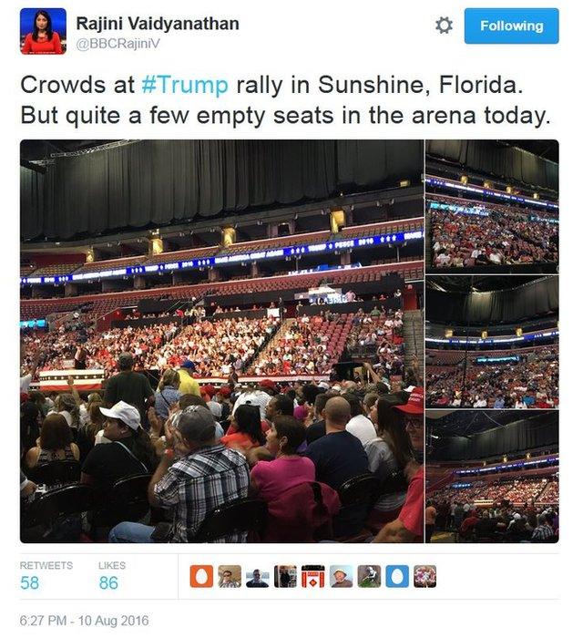 Tweet from Rajini Vaidyanathan: "Crowds at #Trump rally in Sunshine, Florida. But quite a few empty seats in the arena today" Photos of crowd