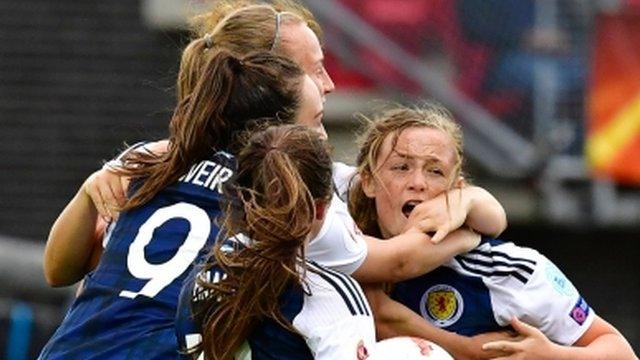 Scotland celebrate their goal from Erin Cuthbert (right) against Spain