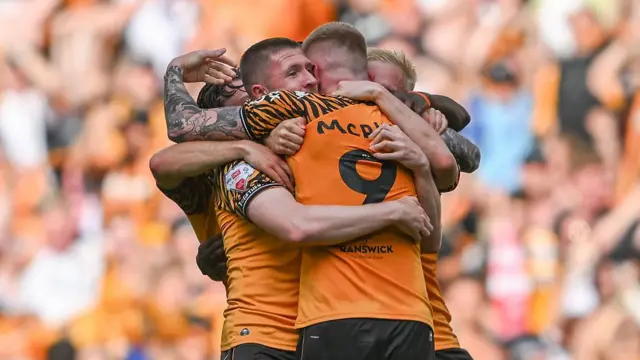 Hull City's players celebrate promotion to the Premier League