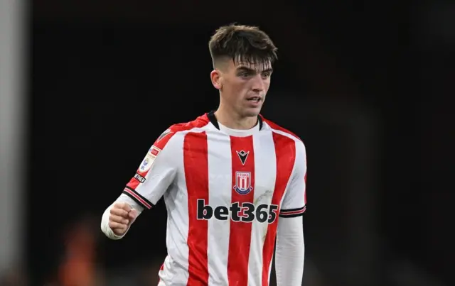 Stoke's on-loan Brighton midfielder Andrew Moran in the Potters' red-and-white-striped shirt